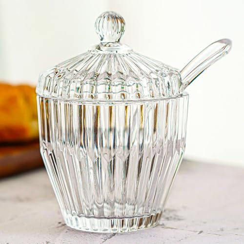 kanpura 1 Pack Clear Glass Sugar Bowl with Lid and Spoon Serving Spoon Salt Pot Sugar Holder Seasoning Pot Dispenser Container for Home Kitchen, Dishwasher Safe(5 OZ)