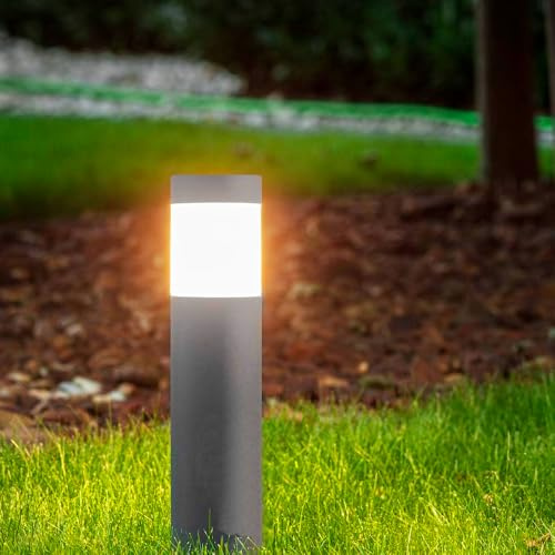 FactorLED Baliza de Jardín Exterior LED 57cm Cilíndrica, 9W, 900Lm, Bolardo para caminos, Inoxidable, IP65 Impermeable, Negro, 5CCT Luz Seleccionable (Circular, 1)