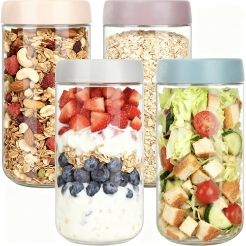 Otauoaea Juego de 4 Overnight Oats Jar 680ml - Tarros de Cristal con Tapa Hermética - Tarros Avena Nocturna - Frascos de Vidrio con Tapa - Bote Cristal Hermetico para Yogur, Mermelada, Cereales