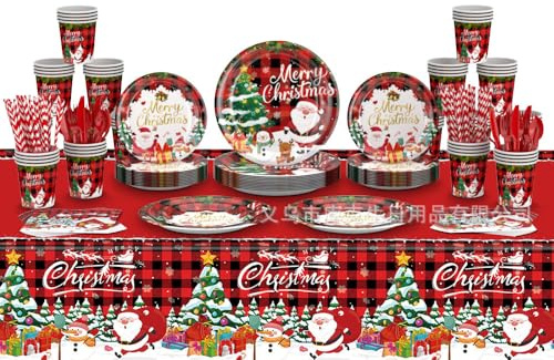 Antsparty Christmas Party Tableware Set, 97 Pieces Christmas Party Decoration with Christmas Paper Plates, Paper Cups, Napkins, Tablecloth, Christmas Eve Party Supply