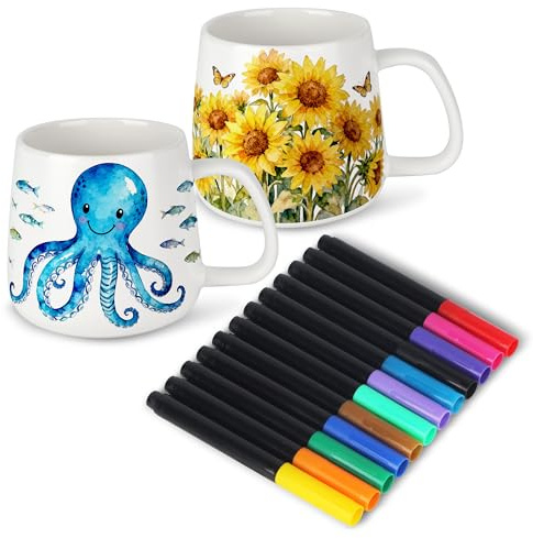 Kit manualidades adultos DIY con Tazas para pintar–incluye 2 tazas blancas y 12 rotuladores acuarelables para cerámica,Regalo creativo hecho a mano para niños y adultos,ideal para dibujar y crear arte