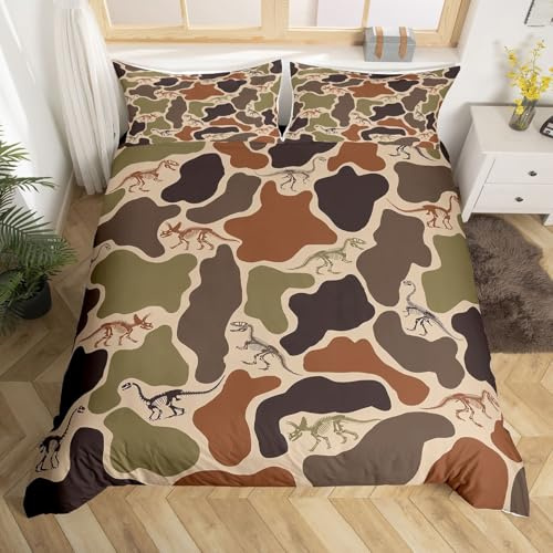 Erosebridal Camo Dino Duvet Cover Toddler Size Army Camouflage Bedding Set for Kids Boys Girls Dinosaur Skeleton Farmhouse Green Comforter Cover Boys Vintage Hunting Theme Bedclothes Room Decor