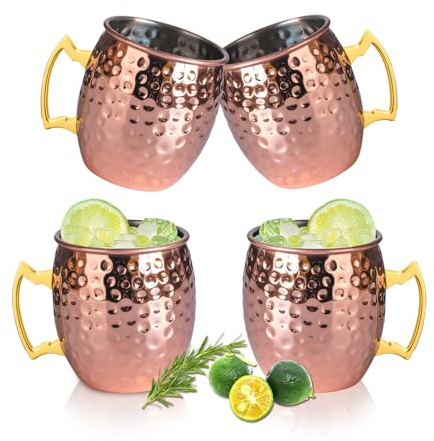 UNISWEET Moscow Mule Mugs Set of 4,Polished Hammered Finished Copper Mug,304 Stainless Steel Lining With Golden Copper Handle,Perfect For Wine, Beer, Cold Drink, Bar, Party, Gifts