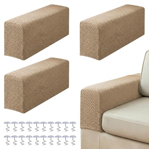 Sofa Arm Covers 4 PCS, Extra Long Couch Arm Protectors for Sofa and Recliners, Stretch Jacquard Armrest Covers for Large Armchairs, Anti-Slip Washable Furniture Protector for Dogs/Pets (Light Brown)