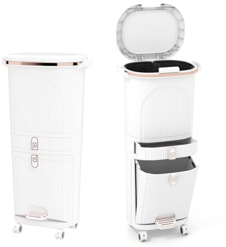 LIFEZEAL 38L / 42L Cubo de basura con ruedas, papelera con 3 compartimentos y tapa, cubo de basura con pedal y asa, contenedor de basura para cocina, sala de estar y oficina (42L, Blanco)