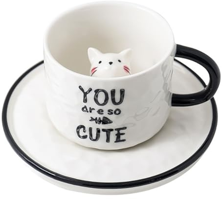 TOYZFRIENDY Taza de Cerámica 220 Ml Diseño 3d de Gato Claro Taza de Café y Té para Hogar y Oficina Dibujo de Animales Vaso para Jugo Antideslizante