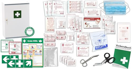 Erste Hilfe Schrank-Medizinschrank-Verbandschrank (320x190x450) -Komplettpaket- Füllung nach AKTUELLER DIN/EN 13157 (Betriebe) + viele Extras INKL. Verbandbuch + Aushang + Folienaufkleber
