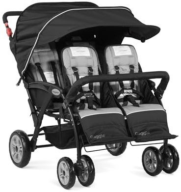 Gaggle By Foundations Compass Quad 4-Sitzer-Kinderwagen, 4-Sitzer-Kinderwagen für die Kindertagesstätte, 4-Sitzer-Vierlingskinderwagen mit übergroßem UV-blockierendem Verdeck, 5-Punkt-Gurt, Schwarz