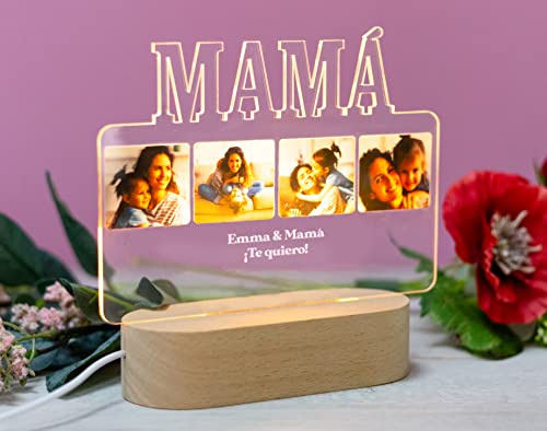 Made in Gift Lámpara Metacrilato Personalizada Mamá 20x17cm | Base Madera Luminosa 14,5x6x3,5cm, Luz Blanca Cable USB, Con Fotos y Textos, Regalo Día de la Madre
