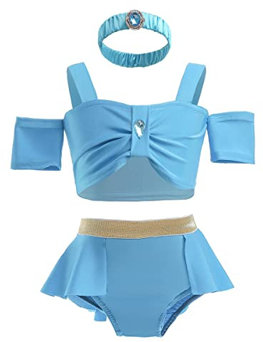 MYRISAM Girls Jasmine Aladdin Princess 3 Piece Tankini Swimsuits Party Bathing Suits Beach Surf Swimming Swimwear Bikini Set w/Headband 5-6T