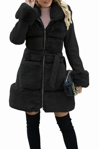 Giolshon Giacca da Donna in Pelliccia di Misto Lana Sintetica Giacca Lunga Imbottita con Cintura Parka Cappotto In Pile Sherpa Isolato Outwear 241A Nero L