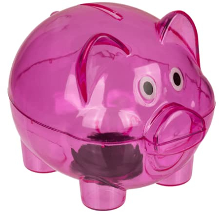 Sparschwein aus transparentem Kunststoff, klein, 10 x 8 x 8 cm, mit Deckel, leicht und robust, Rosa