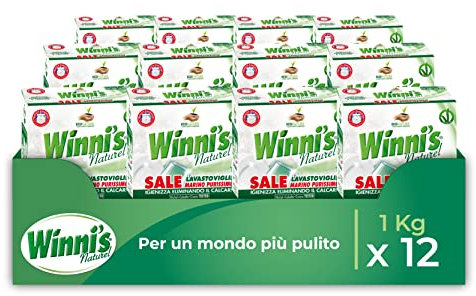 Winni's - Sale Lavastoviglie, Purissimo, Azione Igienizzante, Anticalcare e Addolcente, con Materie Prime di Origine Vegetale e Bio, 1 kg x 12 Confezioni