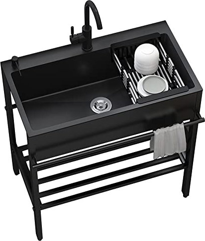 Lavello Cucina 1 Vasca,Mobile Lavabo Esterno Acciaio Inox 304,con Rubinetto E Cestello Allungabile,Distributore Di Sapone,Lavandino Nero Multifunzione,per Bar Garage Ristorante Lavanderia ( Size : 68*