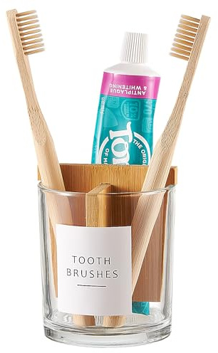 Onsogi Glass Toothbrush and Toothpaste Holder with Bamboo Divider for Bathroom Countertop, Toothbrush Organizer Stand for Bathroom Vanity Countertops - 1 Pack