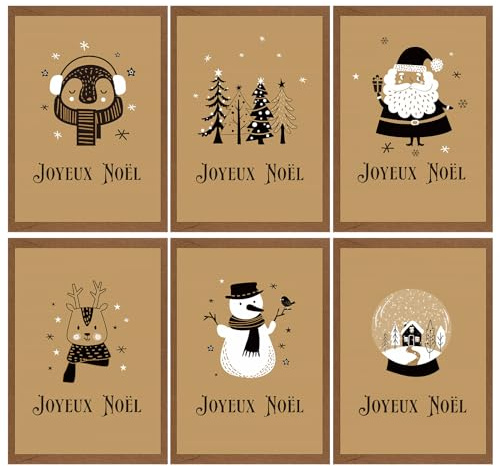 Französisch 6 Stück Grußkarte mit 6 Stück Umschlag Geschenkkarte Karte Postkarte Weihnachtskarte Geschenk für Weihnachten Neu Jahr Klappkarte (Braun)