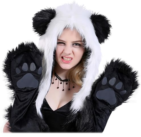 Malaxlx Damen Herren Winter Kunstpelz Flauschig Pelzigen Panda Tier Kapuze Mütze mit Ohren Schal Pfoten Prints Tasche Handschuhe 3 in 1 Combo