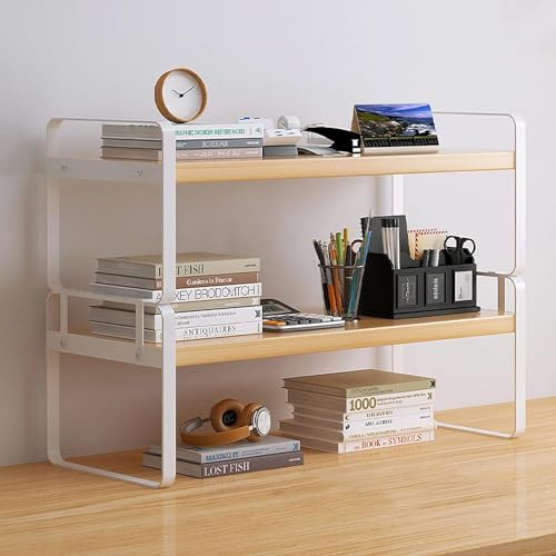 DoToGo Wood Office Desk Shelf Organizer - Desktop Supplies Cute Dresser Top Organization Storage Rack and Cubicle Decor Aesthetic Bookshelf for Women Man and Kids
