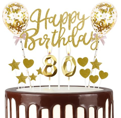 Gold 80th Geburtstag Kerze, Gold Alles Gute zum Geburtstag Kuchen Topper, Gold Ballons, Gold Zahl 80 Kerzen für Kuchen,Gold Kerzen Kuchen Topper für Mädchen Jungen Frauen Geburtstag Party Dekor