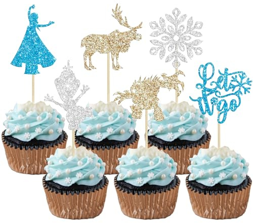 24Pcs Snowflake Cupcake Toppers Glitter Winter Frozen Theme Snowflake Deer Princess Cupcake Pick Decorations for Winter Wonderland Baby Shower Birthday Xmas Party Supplies