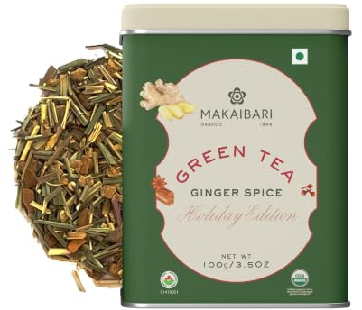 Makaibari Holiday Edition : Ginger Spice Green Tea | USDA Certified Premium Green Tea | Anti-Oxidants, Immunity Booster | Tin Caddy | 100
