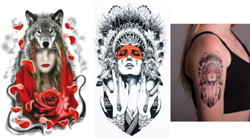 2 x Temporary Indianerin Tattoo Wolfsfrau Tattoo Wolf Tattoo TH276 HB414