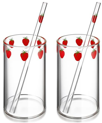 MAGICLULU Erdbeerglas Becher Mit Strohhalm Transparente Trinkgläser Für Milch Saft Tee Und 2 Tassen Mit 2 Strohhalmen Für Küche Und Zuhause