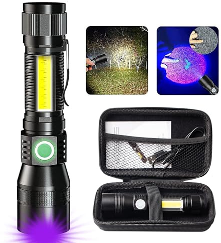AdamStar Blacklight Flashlight, 3 inch 1 UV Light Torch with Clip Magent, COB Light, Small Rechargeable LED Flashlight, 1000 Lumens, 7 Modes, Waterproof Flashlight for Camping,