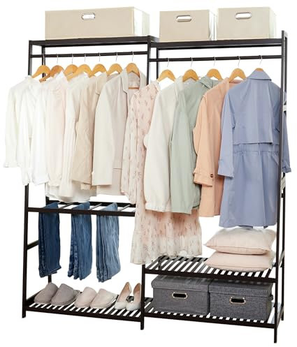Yorbay Garderobenständer Bambus, Kleiderschrank offen, Kleiderständer mit 2 Kleiderstange, Garderobe mit Hosenbügel und Ablagen, viel Platz, für Schlafzimmer, Wohnzimmer, (155 x 40 x 170 cm，Braun)