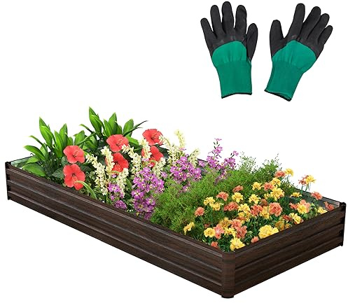 GOPLUS Jardinieres Exterieur en Métal Grain de Bois Brun, 240x120x30 CM, Base Ouverte, Carre Potager Extérieur, Rectangulaire Antirouille, Lit de Jardin pour Légumes, Fleurs, Herbes, Fruits