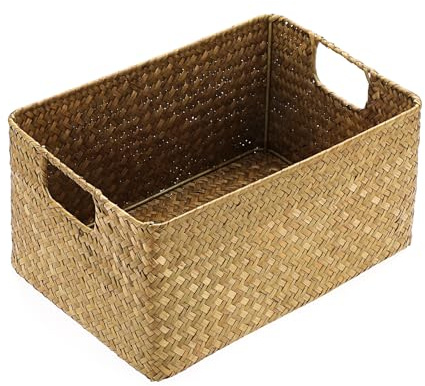 IGNPION Canasta de almacenamiento de hierba marina, caja organizadora rectangular tejida para estantes y escritorios, cesta decorativa multiusos (caramelo, pequeña)