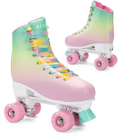 ATTABO Rollschuhe Mädchen AQUATICA Größe 39-42 EU Ökoleder Obermaterial Belüftung Buntes Räder 82A Roller Skates mit Fingerschutz und Sicheres Bremsen Rollerskates mit ABEC-5-Lager