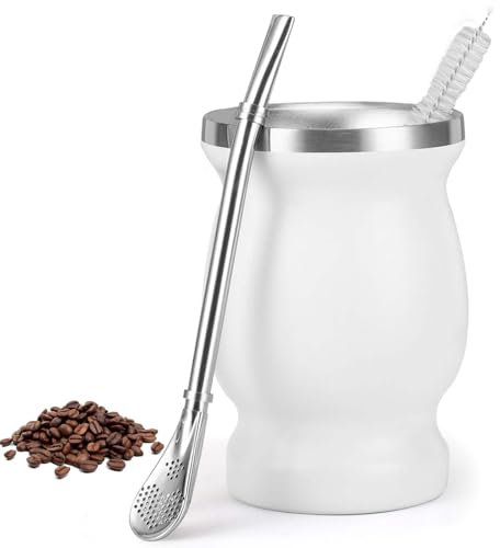 Juego de Taza de Té Mate Con Cuchara y Cepillo de Limpieza - Set de Yerba Mate de Acero Inoxidable - Apto para Lavavajillas y Duradero para Cocina, Restaurante