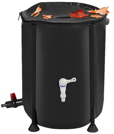 Regenwasserauffangbehälter Tragbare Regentonne mit großem Fassungsvermögen, Regenwasserspeicher mit Filter, zwei Zapfhähnen und Überlaufgarnitur zur Bewässerung, Autowäsche, Gartenarbeit(Schwarz,60*90