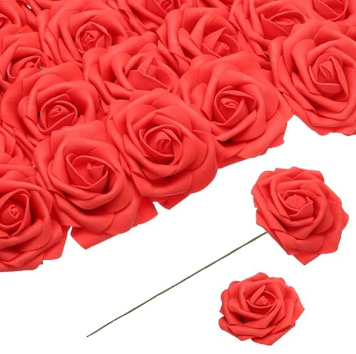 QUARKZMAN 25 Stück Schaumrosen Künstliche Blumen, Gefälschte Rosen mit Stielen Schaum Real Touch Faux Rosen für Hochzeit Party Büro Duschen Hausdekoration, Rot