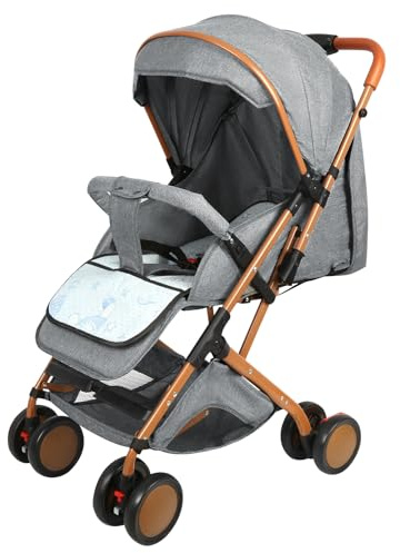 OHMG Kinderwagen von 0 bis 3 Jahren, bis zu 25 kg, tragbar und leicht, Liegeposition für Neugeborene, drehbare Sicherheitsstange, Grau
