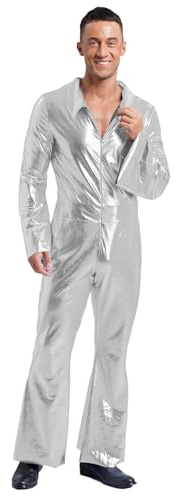 Xnihocha Metallic glänsande disco overall för män, långärmad danskostym, jumpsuit, vintage, utsvängda byxor, halloween, karneval, silver, L