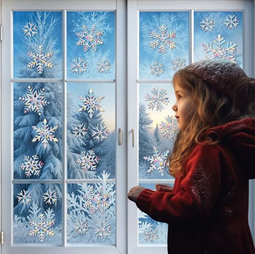 Adhesivo de invierno para ventanas, decoración de copos de nieve, adhesivo de PVC reutilizable, efecto arco iris de refracción de la luz solar, imprescindible para crear un ambiente invernal