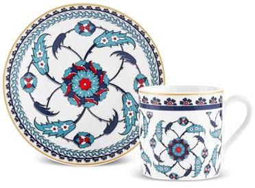 KARACA Rumi 12-Piece Bone China Turkish Coffee Cup Set for 6 People, 80ml, Espresso Coffee Cups and Saucers, Multi