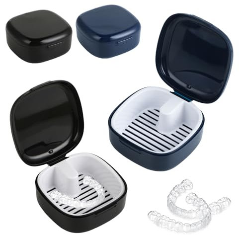2 Pièces Boîte Appareil Dentaire - Boîte Gouttière Dentaire, Boîte PP Portable, Double Compartiment Égouttage, pour Appareils/Mainteneurs (Noir+Bleu Royal)