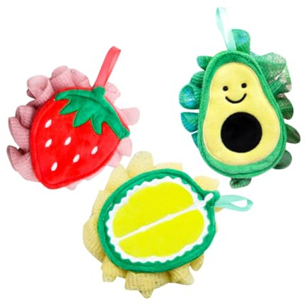 CANIGHT 3stücke Teiliges Bunter Frucht-badebälle Kreative Exfolierende Badekugeln Aus Weichem Material Für Junge Mädchen Cartoon-design Erdbeere Avocado Durian Zum Reinigen Und Spaß