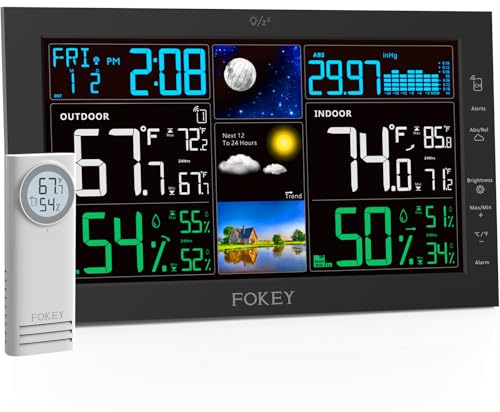 FOKEY Weather Station Wireless Indoor Outdoor, Indoor Outdoor Thermometer Wireless, Home Atomic Clock Weather Stations, Temperature Humidity Barometer Inside Outside Thermometers, Black with 1 Sensor