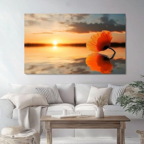 Leinwandbild Bilder Wohnzimmer Sonnenuntergang Auf Dem Wasser Mohnblumen, 70 x 50 cm 1tlg, Deko Schlafzimmer Wanddekoration, Aesthetic Foto auf Leinwand, Orange Farbe