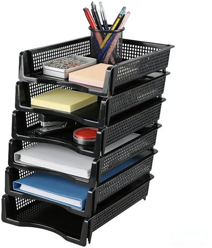 Afromy 6-Tier Plastic Office Letter Trays, Desktop A4 Paper Organizer Tray, Black Stackable File Trays