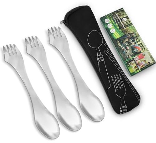 flintronic 3 Pièces Camping Cuillère-Fourchette, Cuillere Camping avec Pochette, Cuillère réutilisables, pour Voyage Randonnée Outdoor