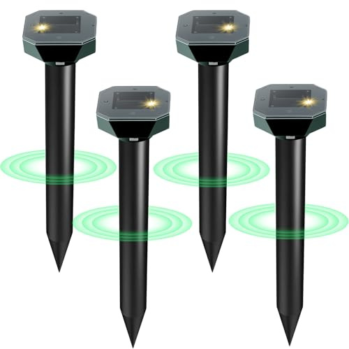 Cvtayn Snake & Mole & Rabbit & Skunk Repellent Solar Powered, Upgraded Ultrasonic Deterrent, IP65 Waterproof, Gopher Groundhog Chipmunk Raccoon and Vole Repellent & Deterrent for Lawn & Garden, 4 Pack