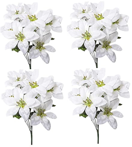 Licsaliwe Arbustos Artificiales de Poinsettia, 4 Paquetes 7 Cabezas de Flores de Seda para decoración de Navidad, Pieza Central de Ramo Blanco