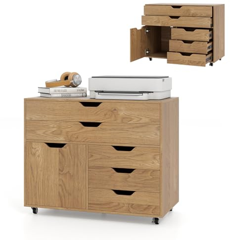 KOMFOTTEU Armadietto portaoggetti, 5 cassetti in 2 dimensioni, scatola portaoggetti mobile con armadio ad ante, mobile da ufficio, 5 ruote universali, 77,5 x 40 x 64 cm (naturale)