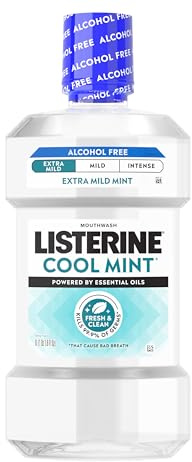 Listerine Extra Mild Alcohol-Free Mouthwash, Oral Rinse Powered by Essential Oils Kills 99.9% of Germs that Cause Bad Breath for A Clean* Mouth, No Added Dyes, Mild Cool Mint Flavor, 1L