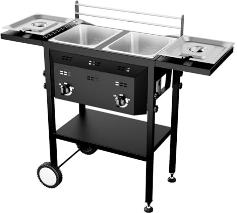 Bonnlo Outdoor Fryer with Dual 8QT Tank & Basket, 24,000 BTU Propane Deep Fryer with Side Shelf & Thermometers, Commercial Fryers with Wheels & Simple Control Knob for Outdoor Camping Cooking Use